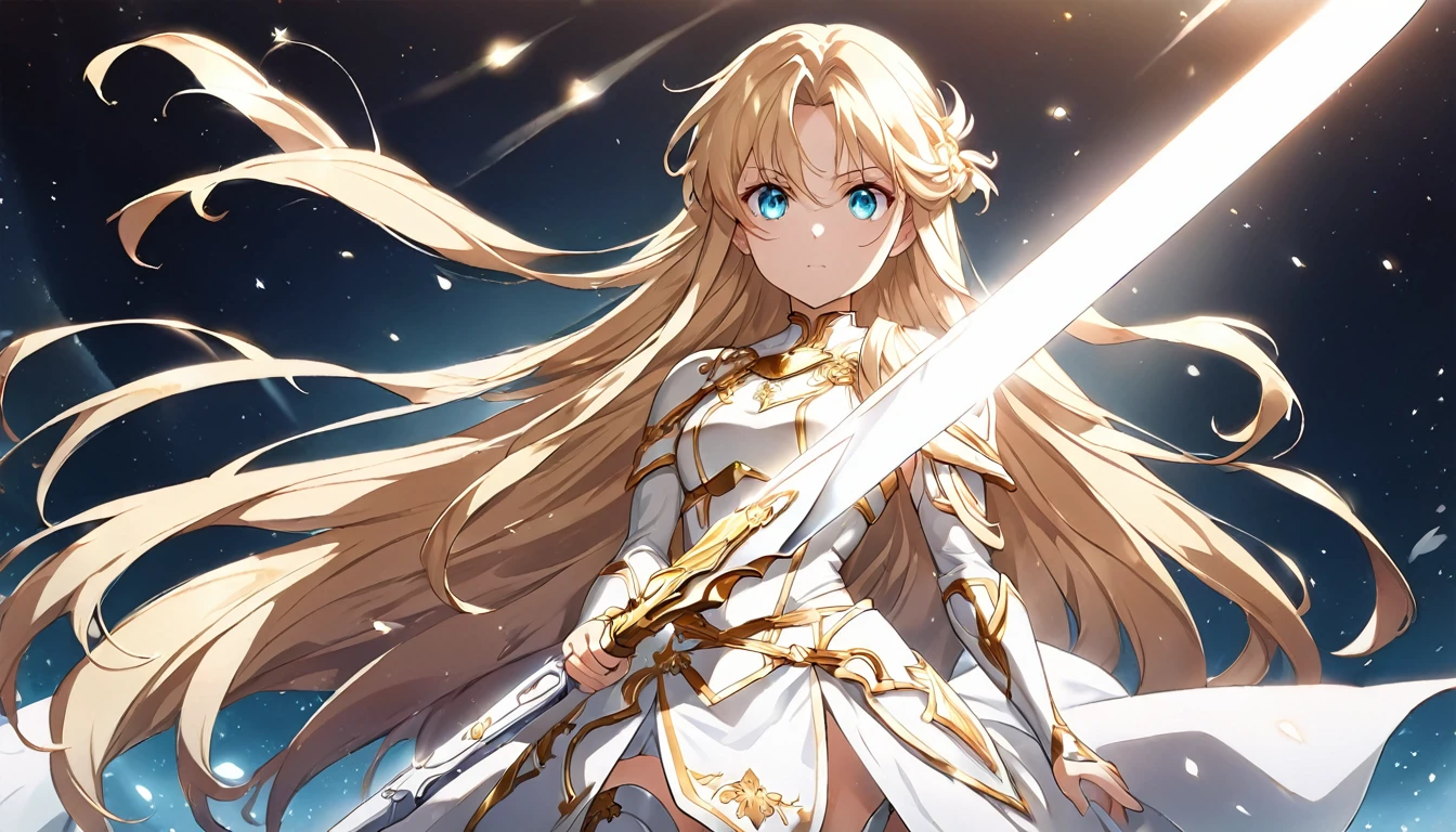 "An anime-style illustration of a strong, radiant female warrior standing confidently. She is adorned in gleaming armor with golden accents that reflect the light, and her long flowing hair glows with an ethereal, almost divine light. Her eyes are bright and determined, embodying the essence of courage and bravery. She holds a glowing sword in one hand, with light radiating from the blade, symbolizing her connection to the power of light. The background is a bright, celestial scene with beams of light shining down, casting her in a heroic aura. The overall design should evoke a sense of strength, hope, and the power of light, making it a perfect fit for the 'Brave Music' YouTube channel."