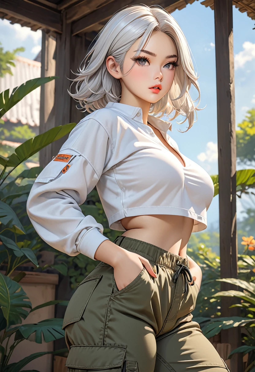 ((best quality)), ((artwork)), ((extremely detailed face)), ((perfect lighting)), ((extremely detailed CG)), ((perfect hands, perfect anatomy)) Appearance= 19 Y.O; 5’7”, Light Peach Skin; Thin Brows; Small, Sharp Black Eyes; Long, Pure White Hair; Pouty Lips; Curvaceous Physique, Curvy Hips, Large Breasts, Large Round Rear, Thick Thighs, Short Painted Black Nails
Personality= Calm, Relaxed, Greedy, Caring
Clothing= Crop top and Cargo Pants]
