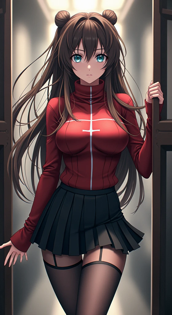 rin tohsaka, masterpiece, 8k, high quality, full body, small medium thighs, slim waist, sexy well-defined body, rin, blue eyes, brown hair, long hair, two sides up, parted bangs, hair ribbon black, red sweater, turtleneck, long sleeves, cross pattern, black skirt, pleated skirt, miniskirt, black tights, full body