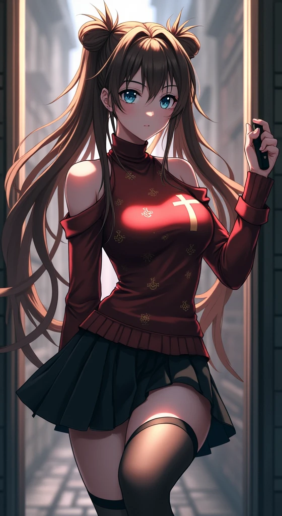 rin tohsaka, masterpiece, 8k, high quality, full body, small medium thighs, slim waist, sexy well-defined body, rin, blue eyes, brown hair, long hair, two sides up, parted bangs, hair ribbon black, red sweater, turtleneck, long sleeves, cross pattern, black skirt, pleated skirt, miniskirt, black tights, full body
