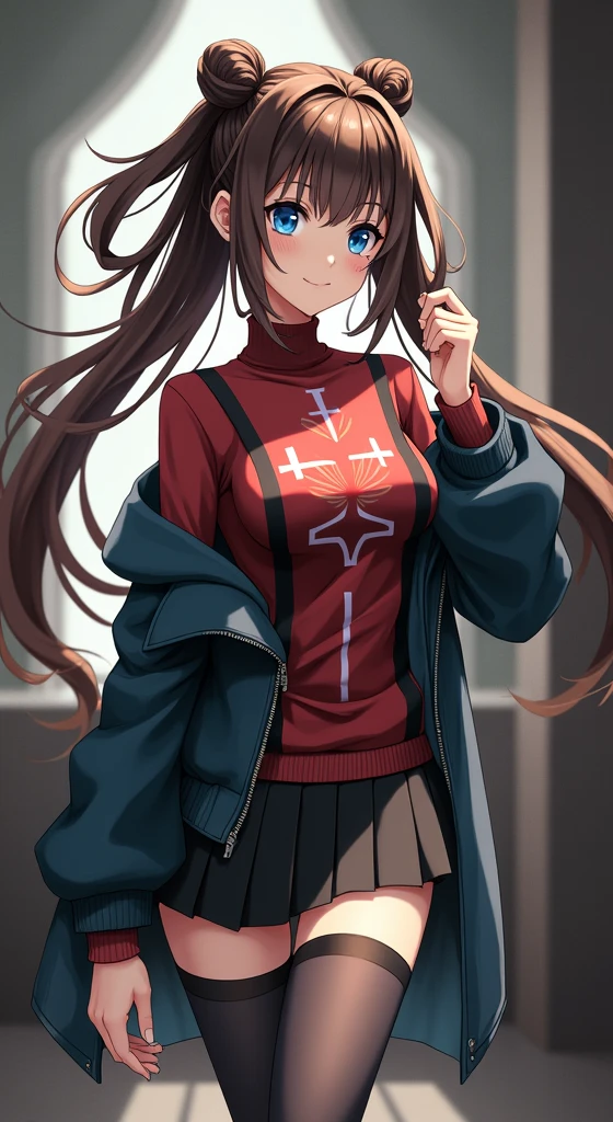 rin tohsaka, masterpiece, 8k, high quality, full body, small medium thighs, slim waist, sexy well-defined body, rin, blue eyes, brown hair, long hair, two sides up, parted bangs, hair ribbon black, red sweater, turtleneck, long sleeves, cross pattern, black skirt, pleated skirt, miniskirt, black tights, full body