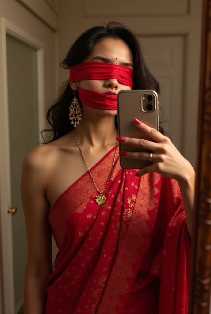 Aesthetic girl bllindfolded duct taped gagged over mouth  in red shimmering saree taking a selfie in mirror