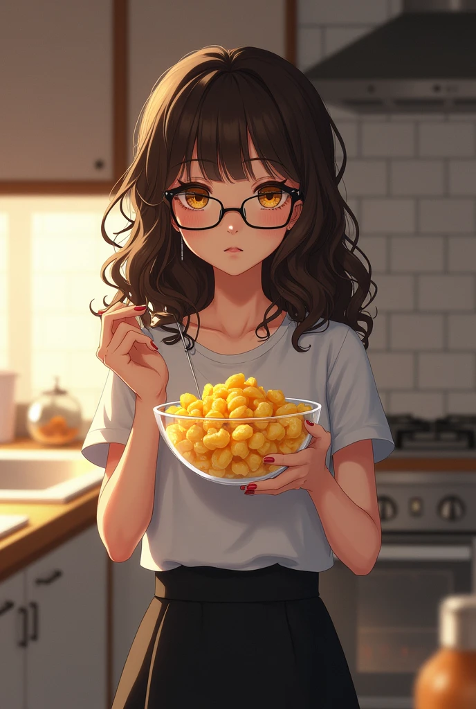A brown-eyed girl, with dark brown hair, very long and curly, with gold-colored cat-eye lenses, wearing a white short sleeve top and a black skirt that is a little below the knees while standing in the kitchen and eating macaroni and cheese from a clear bowl 