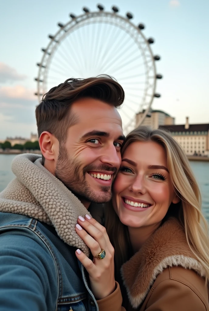 A couple hugging in front of the London Eye, taking a profile selfie man brown hair and eyes, blonde woman with green eyes 8k ultra realistic photorealistic