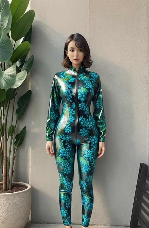 Auralune　Merged with a giant flower　Rubber Suit　green　Full body floral pattern