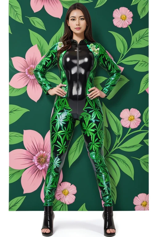 Auralune Merged with a giant flower Rubber Suit green Full body floral pattern