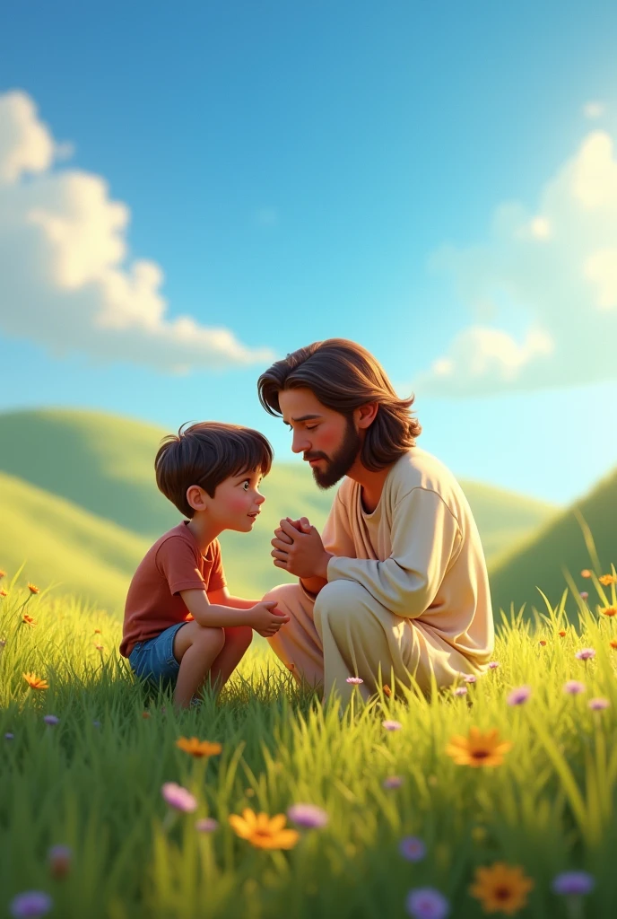 A 3D movie poster in Disney-Pixar style of Jesus as a boy helping another boy who broke his ankle and praying with that kid