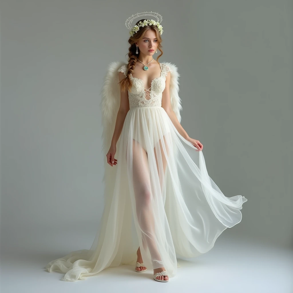 A full-body image of a European woman with an angelic essence, standing poised against a gray background. She wears an ivory organza gown with a soft, flowing skirt and delicate lace detailing on the bodice. The gown’s translucent fabric creates a sense of airiness and sophistication. Her hair is styled in a halo braid adorned with small white flowers, forming a crown-like effect that radiates divine majesty. She wears gossamer slippers with lace embellishments. Her jewelry includes ethereal symbol earrings and a gemstone necklace, adding a mystical and otherworldly allure to her angelic attire.