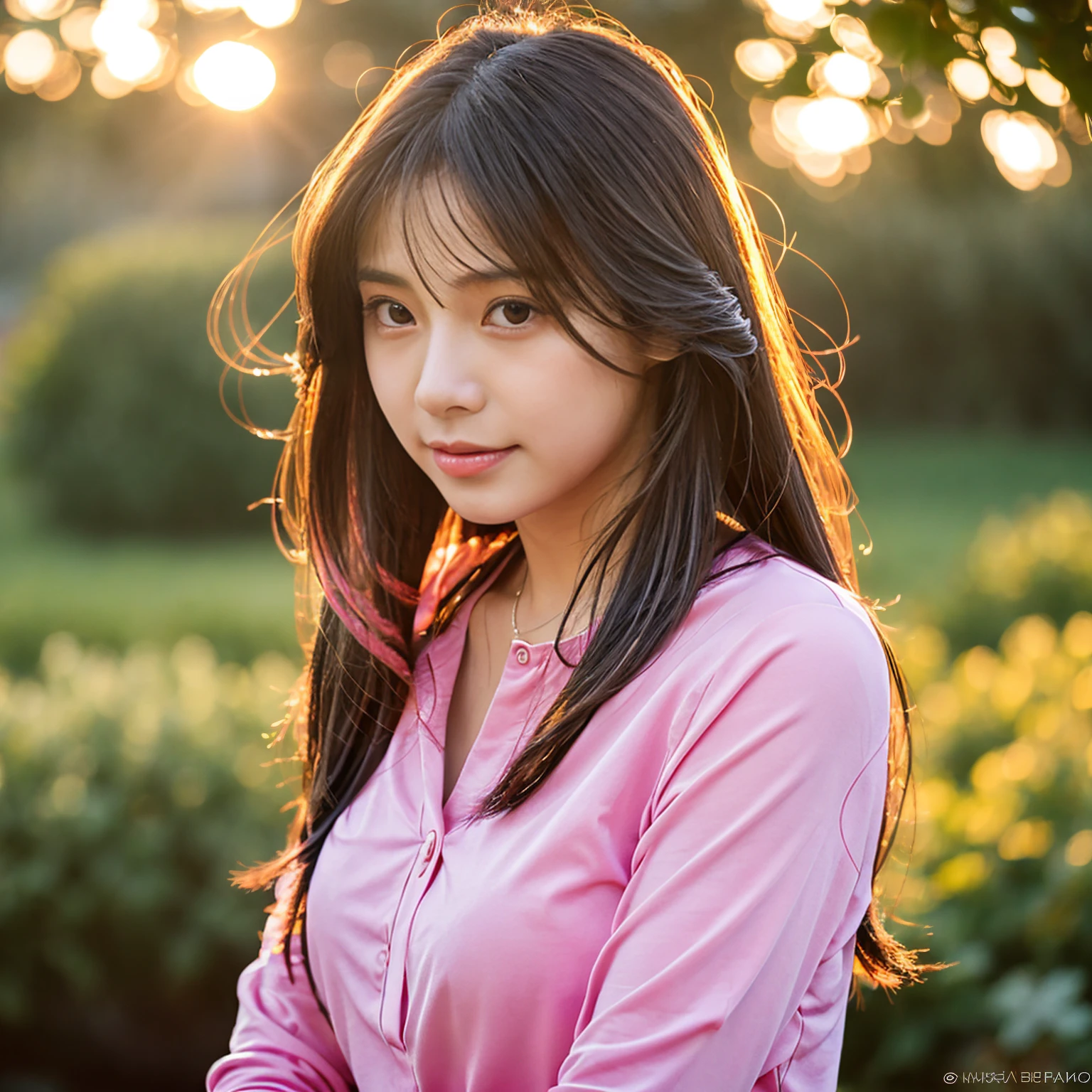 Young Asian woman, 2,Wear a tight pink shirt. , Long hair. The evening sunlight twinkled beautifully., 8K photos, Shot with a bright, high-quality Fuji camera. 45,000,000 pixels, Too realistic,