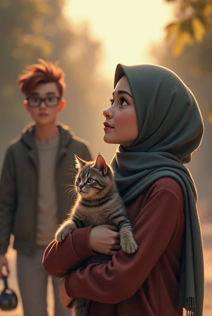 Une jeune fille de 20 ans, elle porte un hidjab, tête ovale, elle prend un petit chat dans ses bras, elle regarde de loin son amoureux au cheveux rasés roux et porte des lunettes carrées