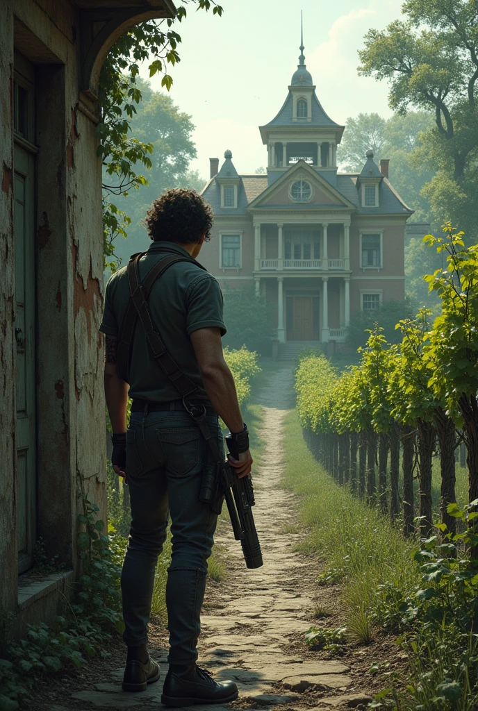 Outside an abandoned mansion, first person perspective with only one arm holding a gun, old garden with many vineyards, my character goes out to my street