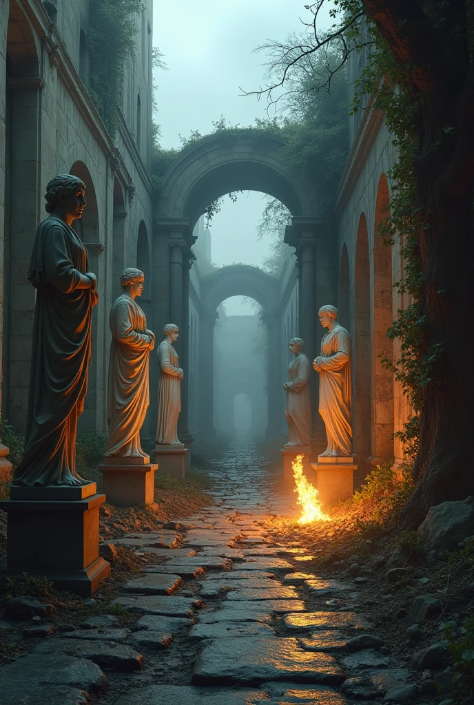Gloomy images of the ruins of Rome, crumbling statues and a burning fire.