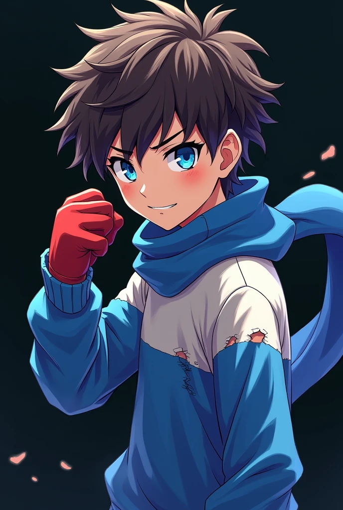 A boy, anime style, blue and white sweater, short Brown hair, ripped sweater, blood from mouth, ripped jeans, boxing stance, dark blue eyes, eyes glowing blue, long blue scarf flowing in the air, 4K high-definition quality，young, smirking, handsome