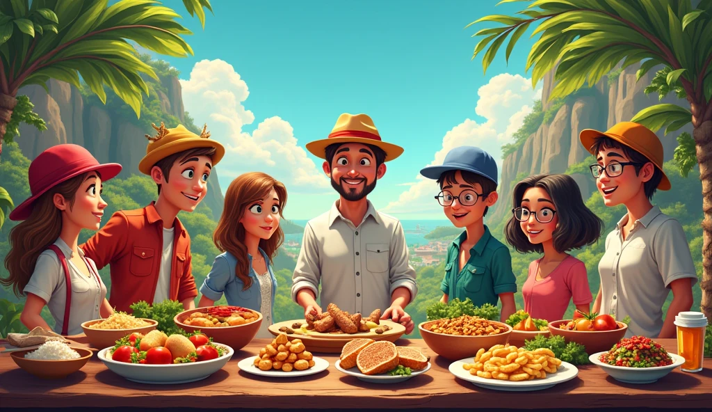 banner for a youtube channel that talks about food, curiosities, places and other topics, the banner must have food, Exotic places, people