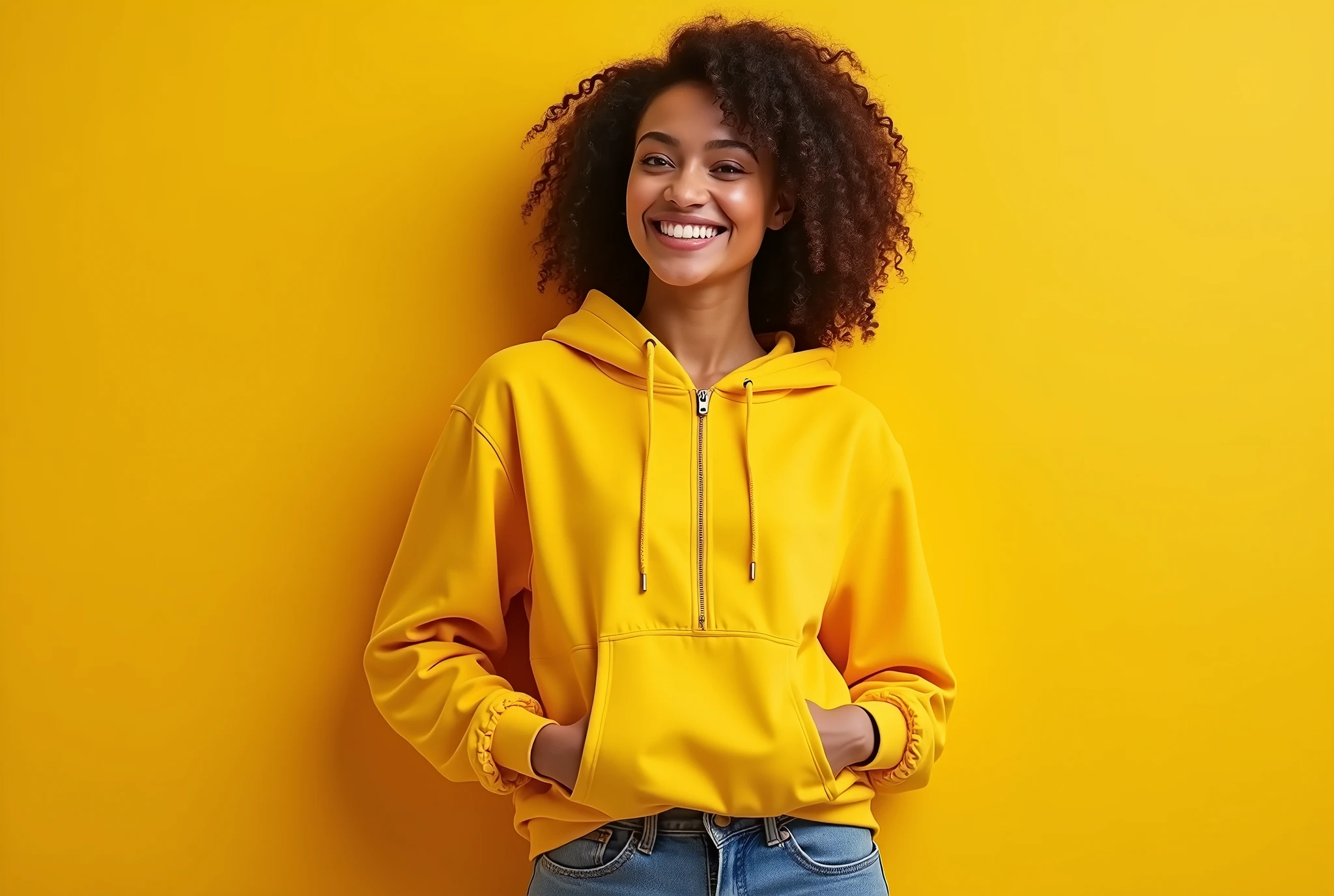 beautiful young woman hoodie mockup cropped hoodie mockup with zipper light yellow background . Use Canon EOS 5D Mark IV with 24-70mm f/2.8 lens. Settings: ISO 100, f/8 aperture, and 1/125s shutter speed to capture sharp, brilliant images with wide depth of field.