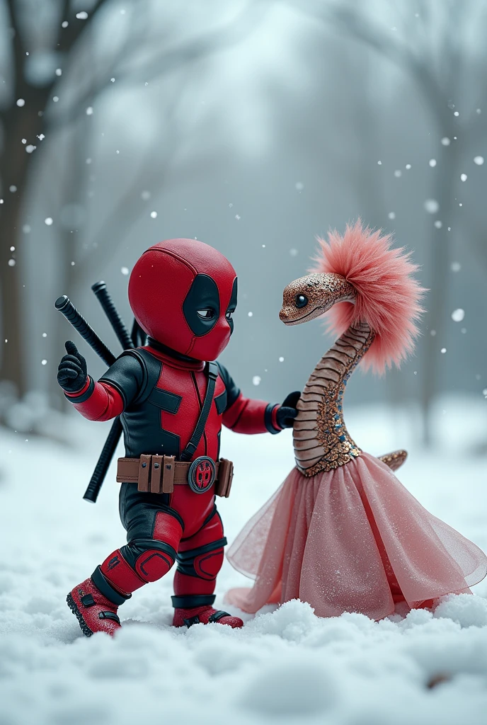 Put baby Deadpool in the snow dancing. Put a snake dressed as a drag queen 