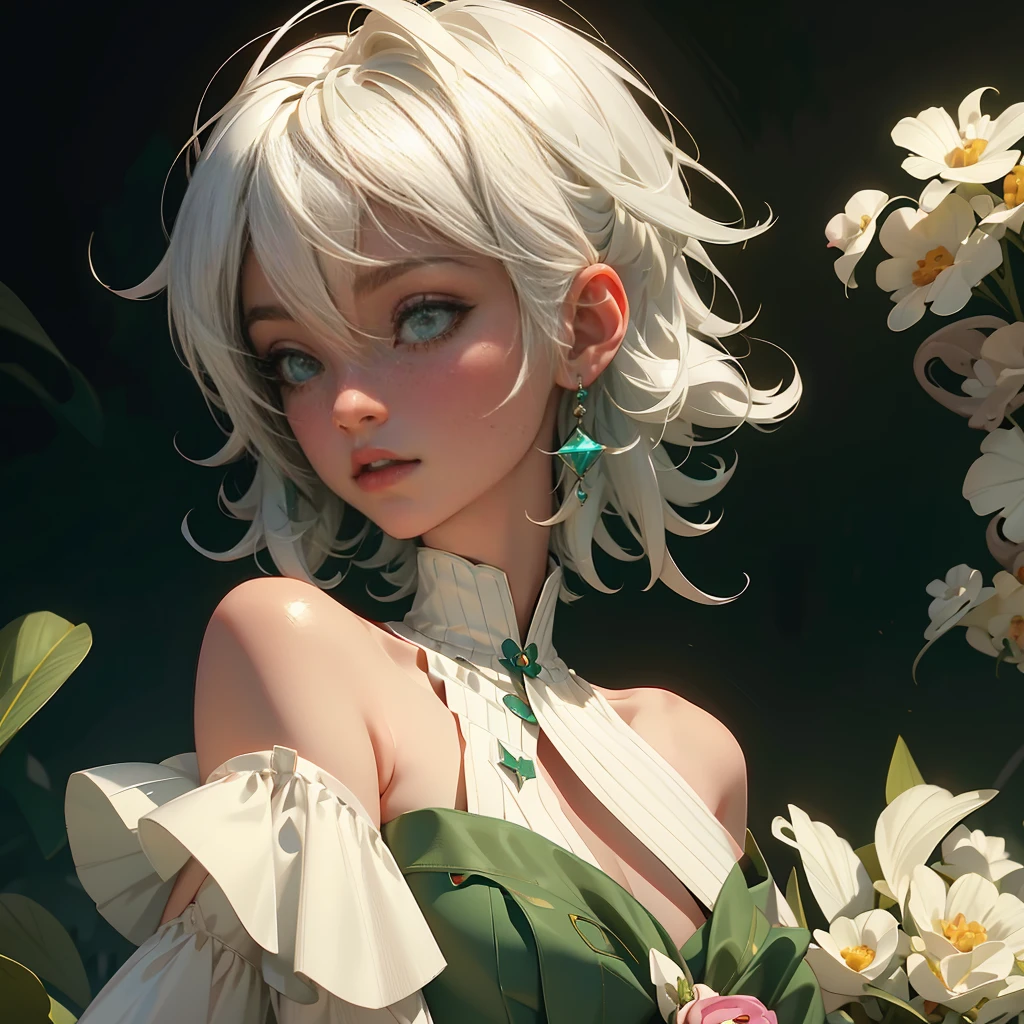 envision a 8k, highres, cinematic, beautiful close up portrait of a short girl named Cecilia Immergreen with multicolored hair, green eyes, doll joints, joints, bare shoulders, detached sleeves, hair between eyes, white hair, dressagainst a dark background