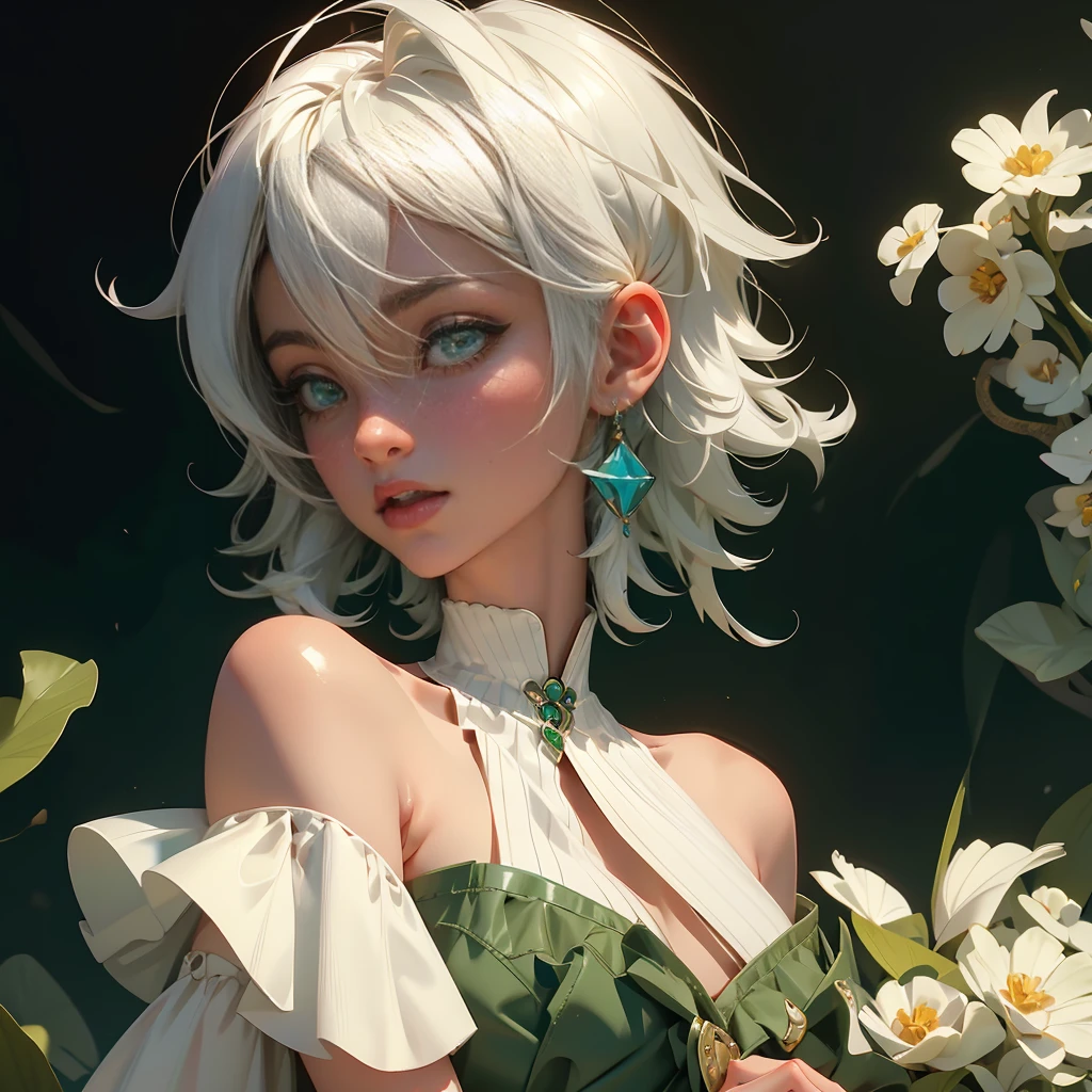 envision a 8k, highres, cinematic, beautiful close up portrait of a short girl named Cecilia Immergreen with multicolored hair, green eyes, doll joints, joints, bare shoulders, detached sleeves, hair between eyes, white hair, dressagainst a dark background