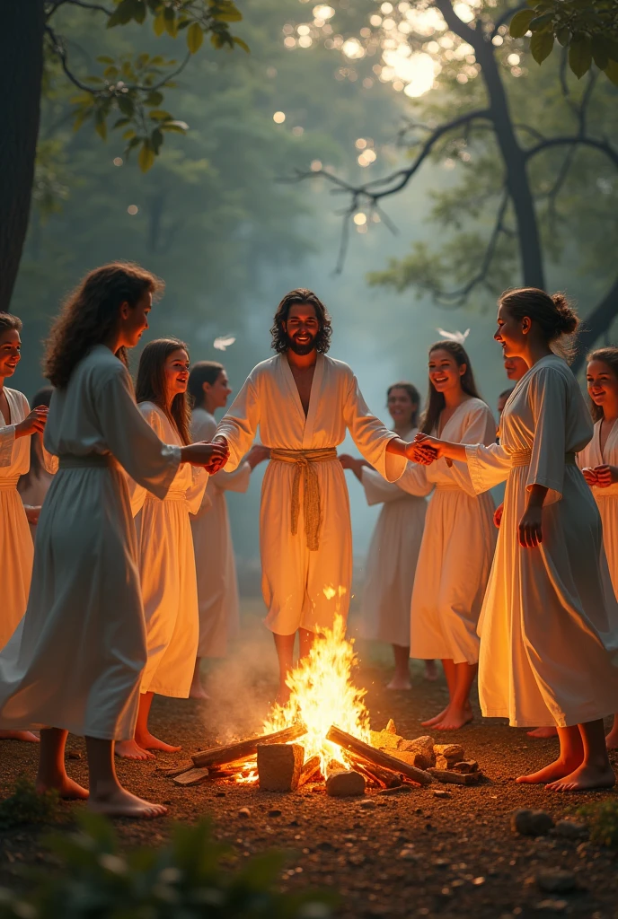Jesus with them ,young people making a circle around a campfire, jumping holding hands, with white clothes from an old period, happy, happy, Christian environment. angels, spiritual.
