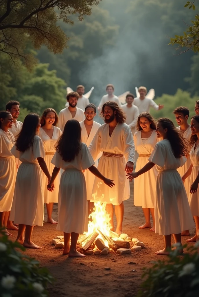 Jesus with them ,young people making a circle around a campfire, jumping holding hands, with white clothes from an old period, happy, happy, Christian environment. angels, spiritual.