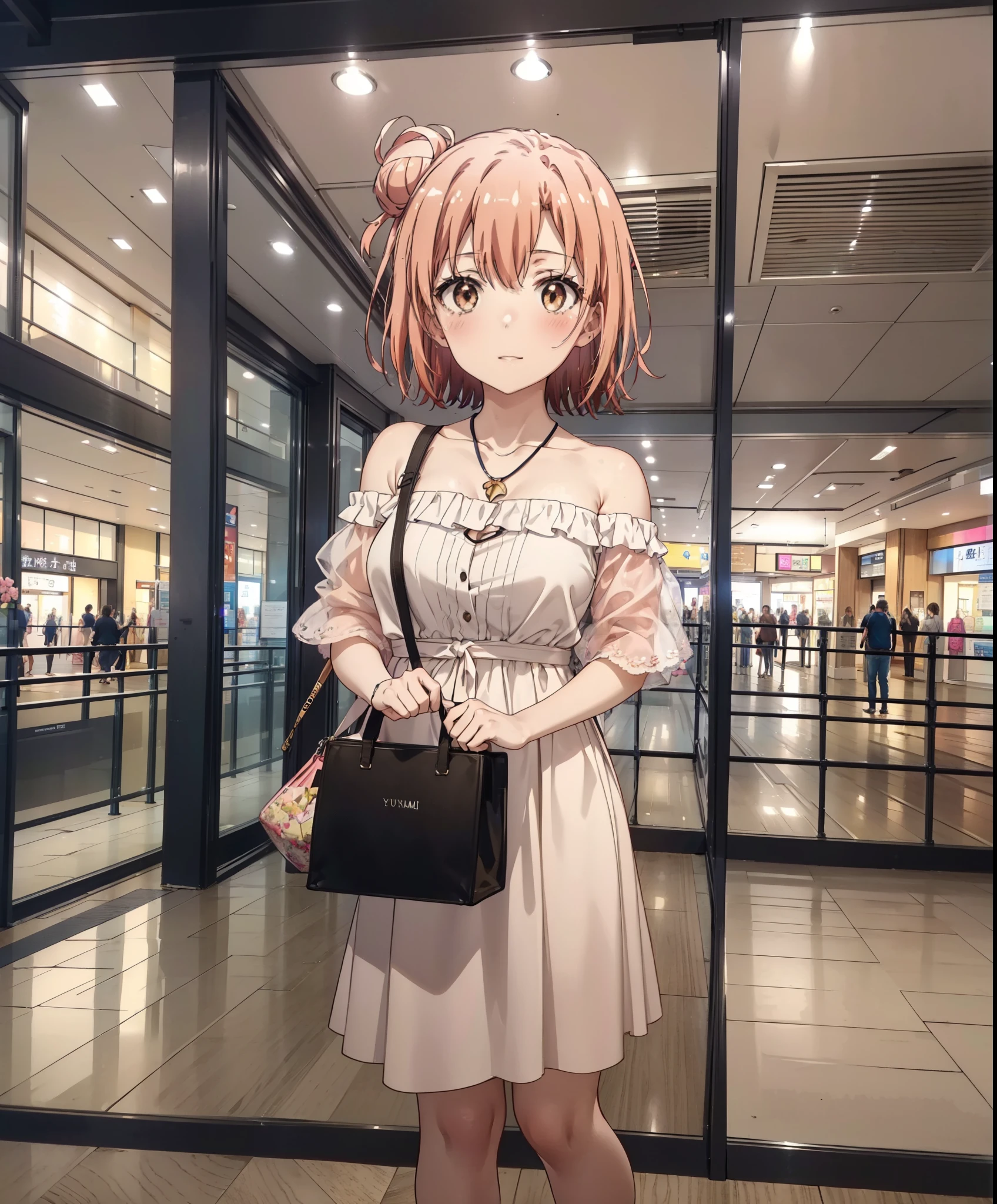 yuiyuigahama, yui yuigahama, short hair, (Brown eyes:1.5), (Pink Hair:1.2), Hair Bun, single Hair Bun,Big Breasts,smile,blush,Open your mouth,Off-the-shoulder dress,Exposing shoulders,bare clavicle,Bare neck,Rocket Pendant,mini skirt,Cute heeled sandals,Walking,whole bodyがイラストに入るように,
break indoors,Shopping mall,
break looking at viewer, whole body,
break (masterpiece:1.2), Highest quality, High resolution, unity 8k wallpaper, (shape:0.8), (Beautiful attention to detail:1.6), Highly detailed face, Perfect lighting, Extremely detailed CG, (Perfect hands, Perfect Anatomy),