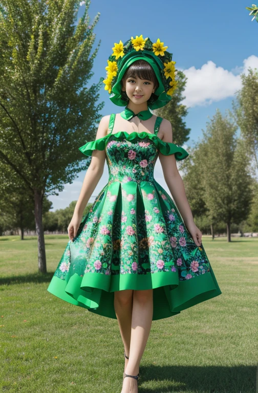 Auralune　Merged with a giant flower　Rubber Dress　green　Full body floral pattern　costume