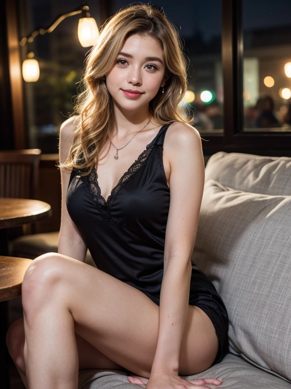(Best quality, 32k, Raw photo, UHD), lifelike rendering, BREAK
A stunning beautiful European woman, 24_year_old, (1girl, solo, 24yo), BREAK
(medium blonde wavy hair:1.4), double eyelids, beautiful blue eyes, detailed facial, perfect round medium breasts, (cleavage:0.8), beautiful hand, wide hips, slender legs, alluring soft and bouncy curves body, glamorous figure, (pale skin:1.2), clean skin, exquisite skin texture, skin pores, BREAK
she wears simple tiny earrings, necklace, jewelry, casual outfit, (cotton sleeveless loose dress:1.3), (ornate embroidery details grey pantyhose:1.3), delicate frosted dark purple pumps heels, BREAK (midnight, at night:1.3), (dark theme:1.2), BREAK
riverside Meticulous café, sits at the table, (lying on a plush couch), BREAK
(Wide shot), sharp focus, (from front), (eyes to the camera, looking at the viewer, smile warmly), messy hair, beautiful legs, (corp legs shot), BREAK
cinematic lighting, lamplight, the street lights, BREAK
highly details, hyper-realistic photo, detailed fabric rendering, (Film grain:1.3), photorealistic, bokeh, realism, 16k