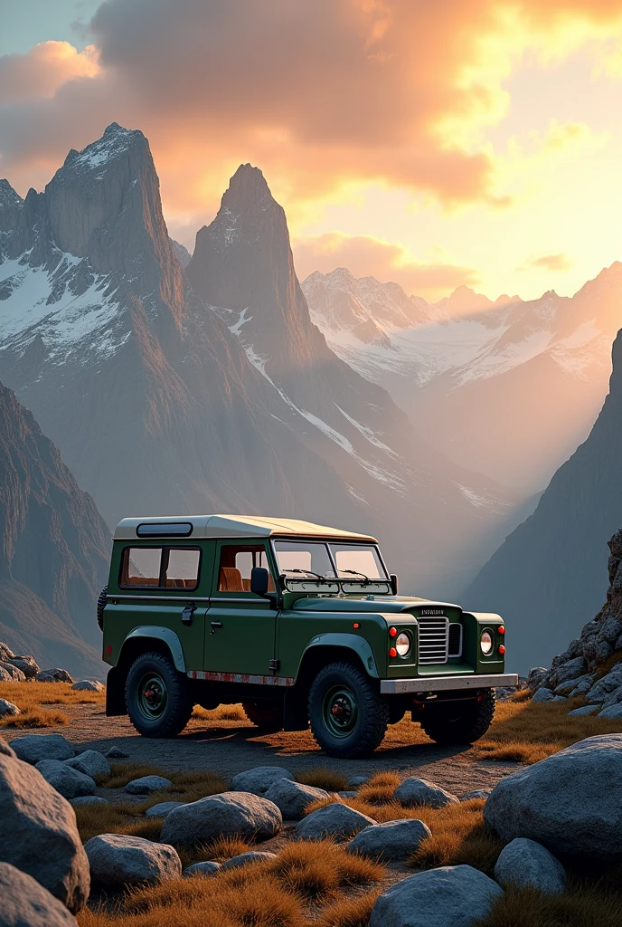 (photorealism:1.2) a beautiful old land rover defender station wagon in the mountains at sunset