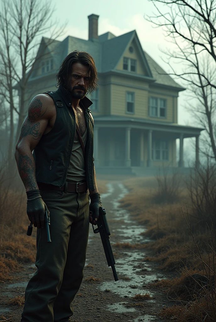 Outside an abandoned mansion, first person perspective with only one arm holding a gun, find a car that can be used