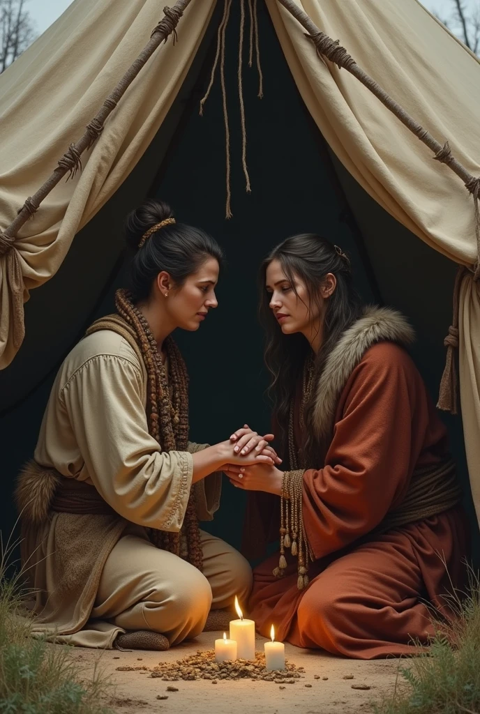A lady holding the hand of her injured husband and a shaman tending to his wounds in a tent