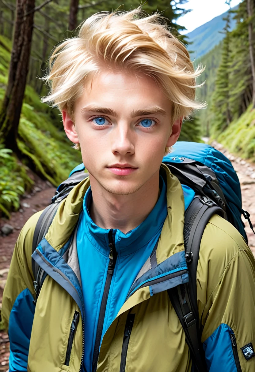 Twenty year old boy with blond hair blue eyes in hiking clothes 