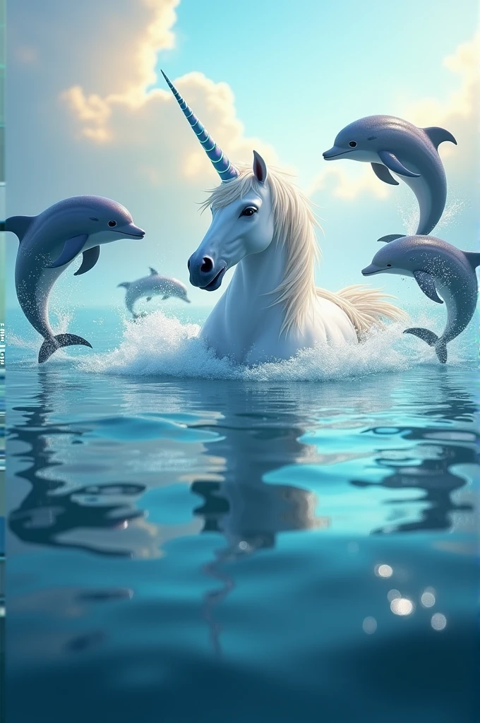 Make me a picture of a unicorn in the water with dolphins on the sides doing a trick jumping