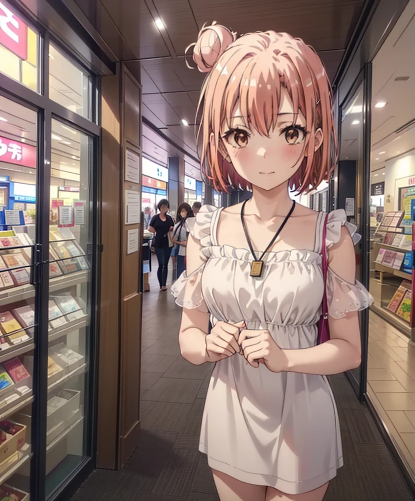 yuiyuigahama, yui yuigahama, short hair, (Brown eyes:1.5), (Pink Hair:1.2), Hair Bun, single Hair Bun,Big Breasts,smile,blush,Open your mouth,Off-the-shoulder dress,Exposing shoulders,bare clavicle,Bare neck,Rocket Pendant,mini skirt,barefoot,Cute heeled sandals,Daytime,sunny,walk,whole bodyがイラストに入るように,
break indoors,Shopping mall,
break looking at viewer, whole body,
break (masterpiece:1.2), Highest quality, High resolution, unity 8k wallpaper, (shape:0.8), (Beautiful attention to detail:1.6), Highly detailed face, Perfect lighting, Extremely detailed CG, (Perfect hands, Perfect Anatomy),