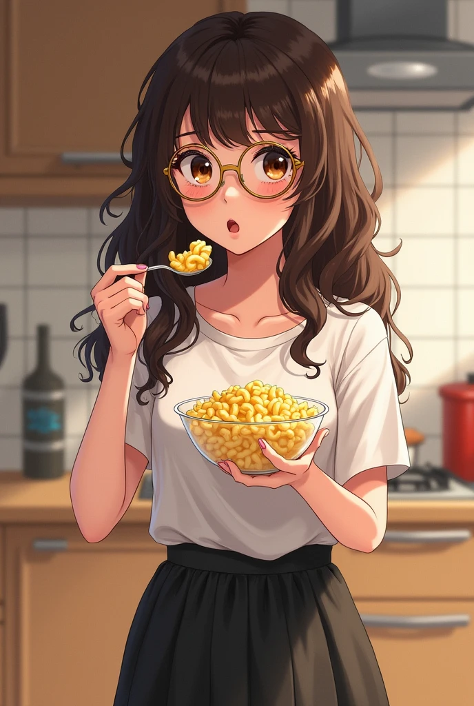 A brown-eyed girl, with dark brown hair, very long and curly, con cat eye glasses color dorado, wearing a white short sleeve top and a black skirt that is a little below the knees while standing in the kitchen and eating macaroni and cheese from a clear bowl 
