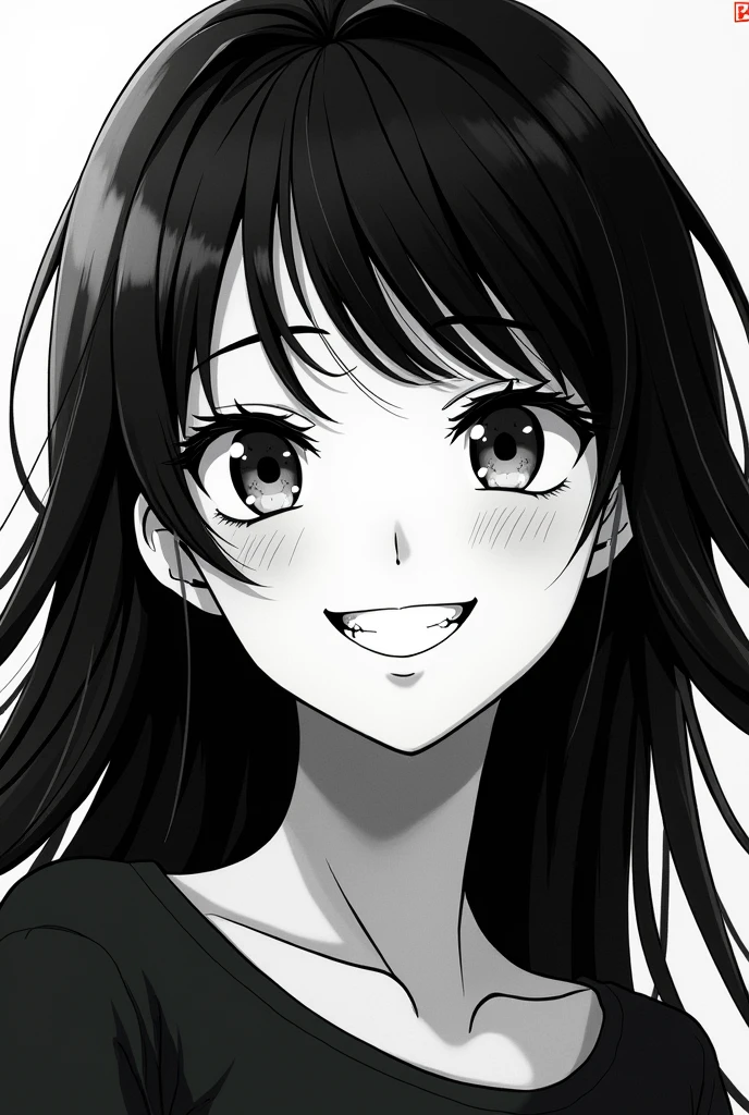 female satoru gojo grinning, manga-styled, colorless, 1girl, detailed face, beautiful detailed eyes, beautiful detailed lips, extremely detailed eyes and face, long eyelashes, black hair, school uniform, anime, manga, digital art, (best quality,4k,8k,highres,masterpiece:1.2),ultra-detailed,(realistic,photorealistic,photo-realistic:1.37),high contrast, monochrome, grayscale