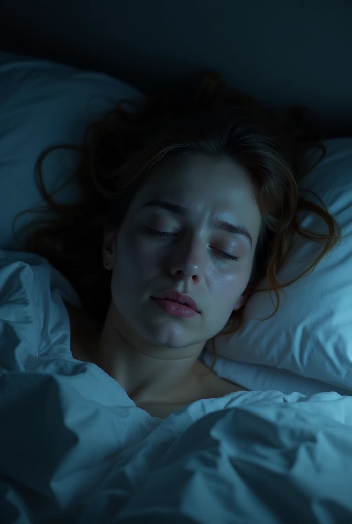 Create an image of a woman lying in her bed at night. The woman is awake, with open eyes and a tired expression, suggesting that you are having difficulty sleeping. The environment must be calm, with a soft light that suggests it is night. The image should convey the idea of someone who is thinking or reflecting while trying to fall asleep., showing signs of suffering or distress.