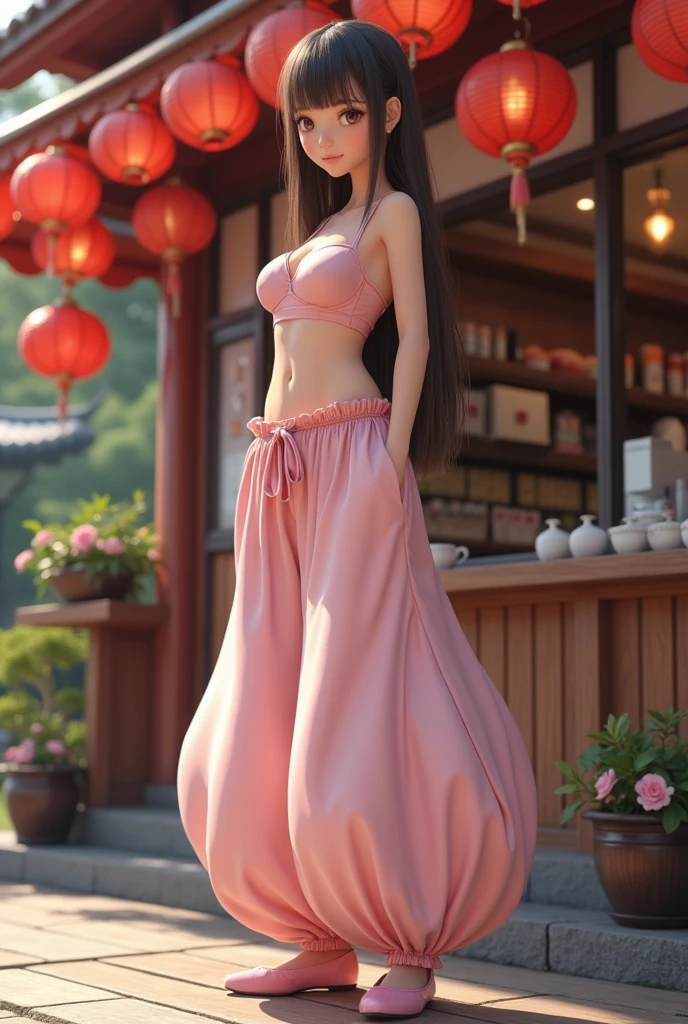 Pretty Japanese girl with super colossal breasts, Japanese girl, solo, full body shot, brown eyes, brown long hair, straight hair, hime cut, blunt bangs, blunt tips, hourglass figure, gigantic cleavage breasts, J-Cup breasts, huge tits, Very large breasts:1.5, standing in front of a sushi shop, wearing an Arabian outfit consisting of humongous inflatable full length satin princess Jasmine-style 4-yard harem pants with her belly button completely exposed, pink dance flats, and a simple satin strapless bra. The outfit is light pink and the pants are extremely puffy and completely round and completely spherical, (Best quality:1.3).