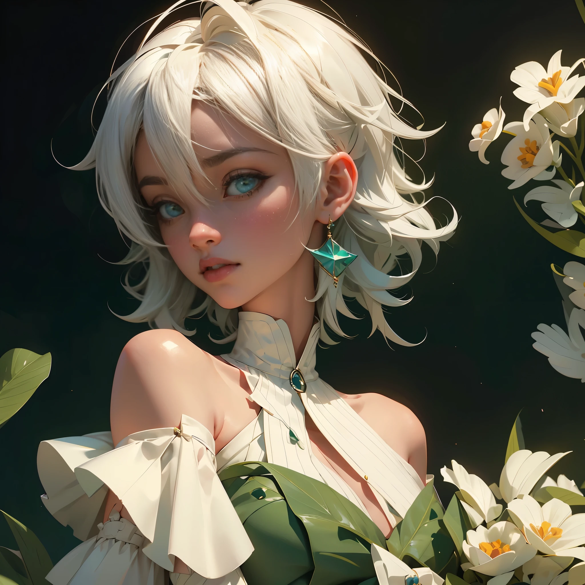 envision a 8k, highres, cinematic, beautiful close up portrait of a short girl named Cecilia Immergreen with multicolored hair, green eyes, doll joints, joints, bare shoulders, detached sleeves, hair between eyes, white hair, dressagainst a dark background