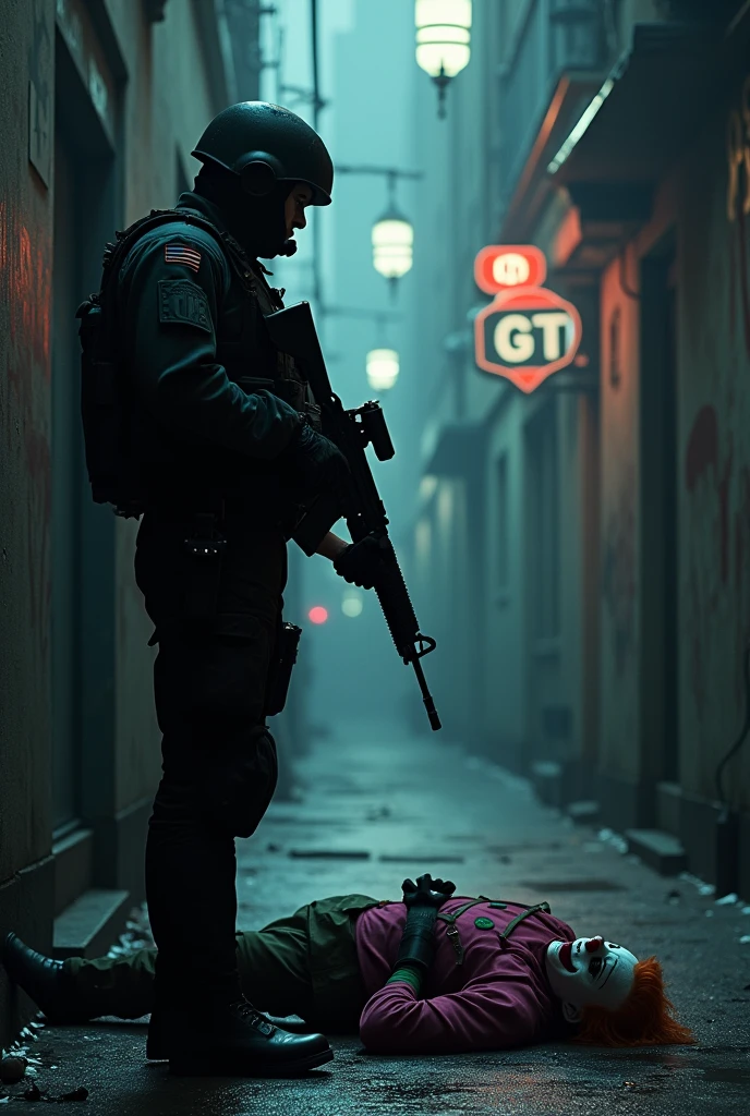 A military police officer all in black with a rifle in his hand in a dark alley a dead clown lying on the floor on the wall of the alley has the name GTO in big letters