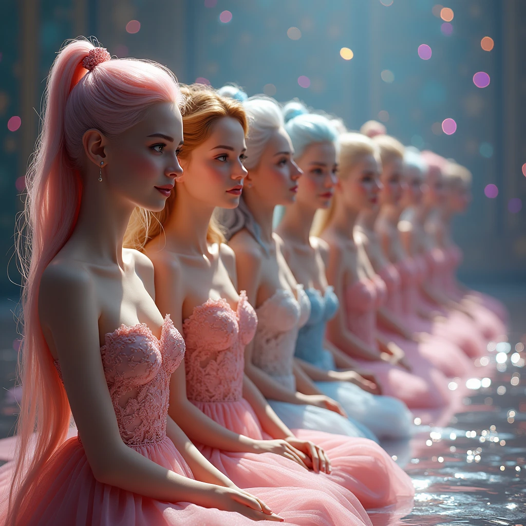 (Graceful Full Body of Extremely Detailed((Sexy Princesses Group in a row:1.37))), KAWAII perfect face with Reflective Eyes, Detailed(Delicate Clothing textures), Correct Graceful Legs, Dynamic Joyful Expressions LifeLike Rendering, Specular Reflection of mirrored floor, (TopQuality 8K Ultra-detailed masterpiece (ProfessionalPhoto:1.37))(((Raw, Realistic))), (Acutance:0.8), (Luminism:1.28), Renaissance art style, Portraits, Colorful Light particles, (Full body from side) {Kissing Face to Face|Cute Peach AssFocus|(NakedApron with (Overflowing Sideboob))}, Radiant Fine Skin with Transparency, (Exposed:0.4) {Pink Hair|LightBlue Hair|Blonde|Pure White Hair|Liquid Hair|Red Shoes}, Perfect Lighting