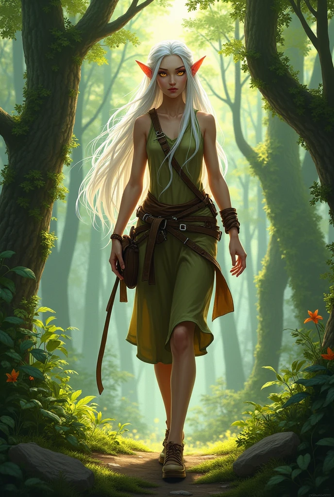 I need you to generate me a tall yellow half-elf with white hair, be a forest explorer for DnD