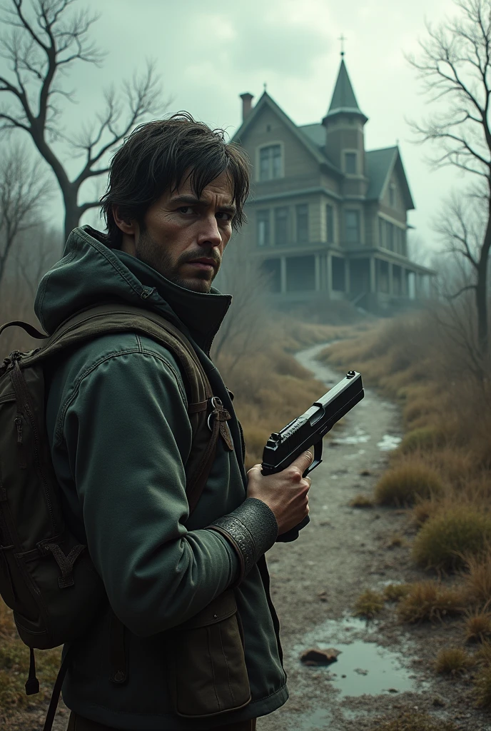 Outside an abandoned mansion, first person perspective with only one arm holding a gun, find a car that can be used