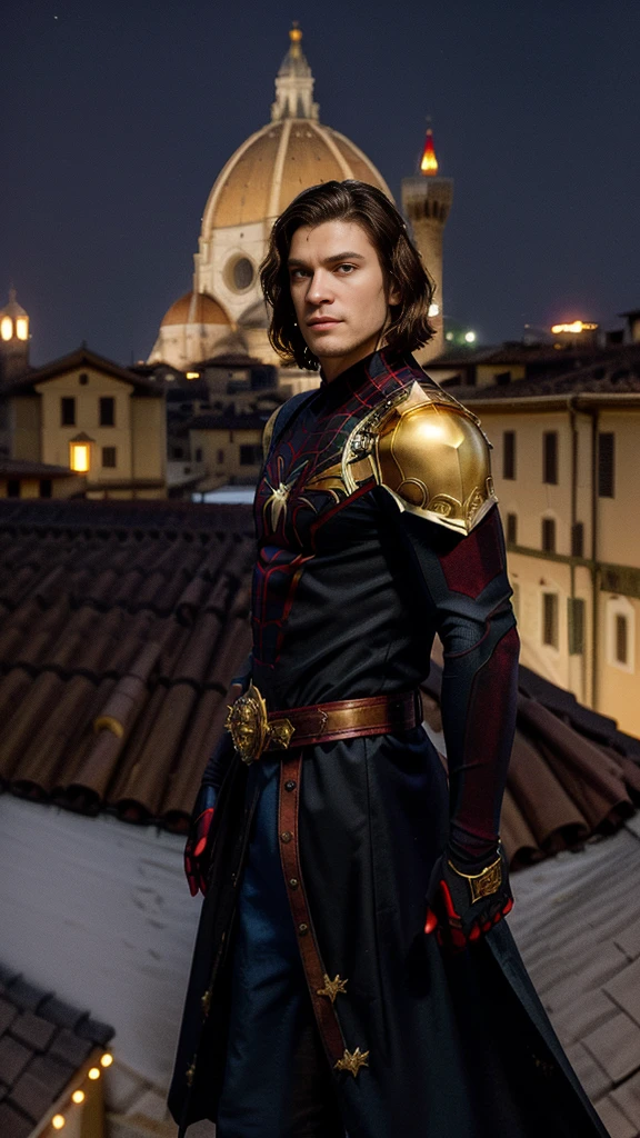 A Renaissance version of Spider-Man, wearing a web-slinging suit adorned with floral patterns and gold detailing, glides across the rooftops of Florence. The city is lit by torches and dominated by Renaissance domes and bell towers. He carries a ceremonial dagger on his belt and his mask has a Renaissance style with gold filigree. The moonlight reflects off his figure as he prepares to thwart a conspiracy in the shadows. With the Spider-Man shield on his chest