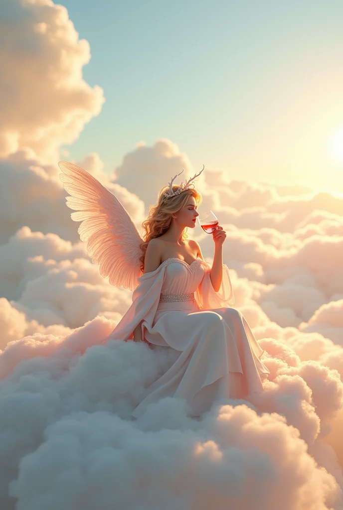 Angel on the clouds drinking a glass of wine