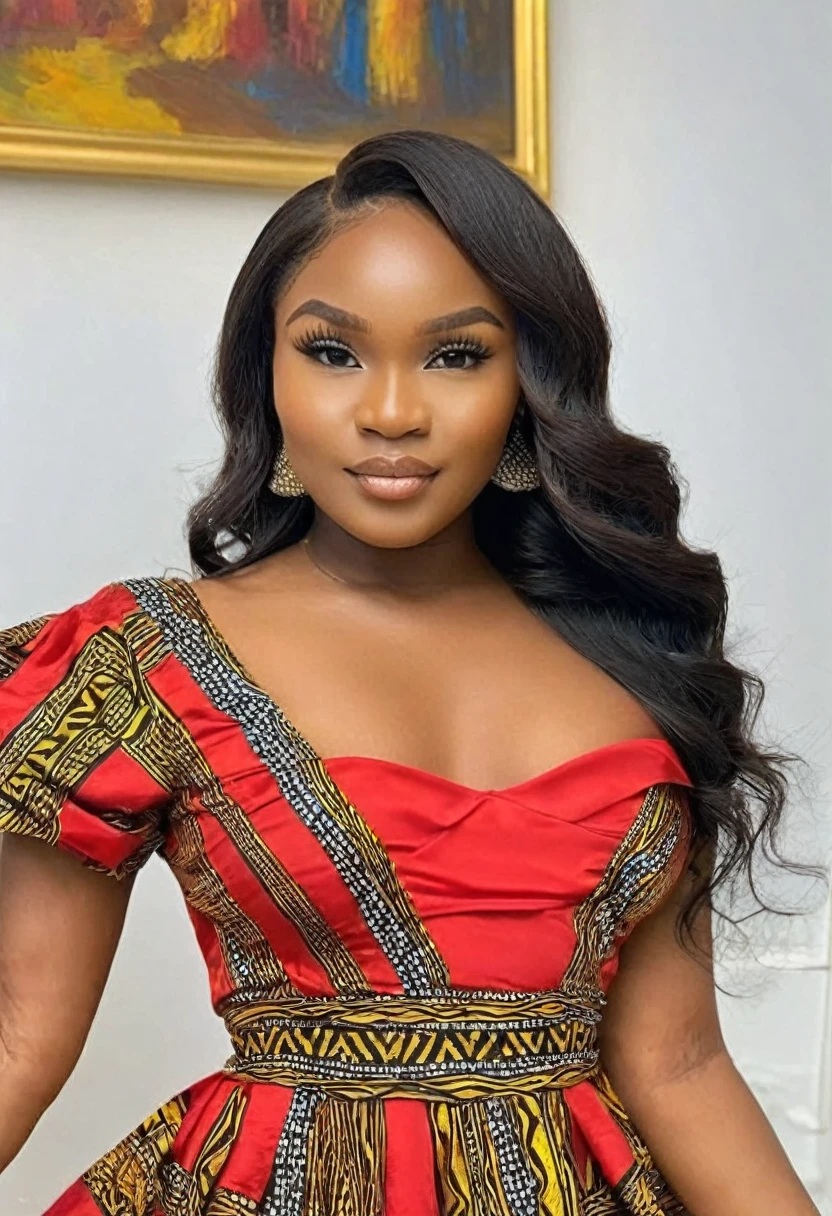 ((Photo medium distance:1.35)), ((Best resolution:1.4)), ((high quality:1.2)), (Work of art), 8k, extremely detailed, ((High detail:1.2)), Solo, ((HotLexi pretty perfect African angolan female with 2)), (dress), (perfect body), (square-shaped defined pretty face:1.35),