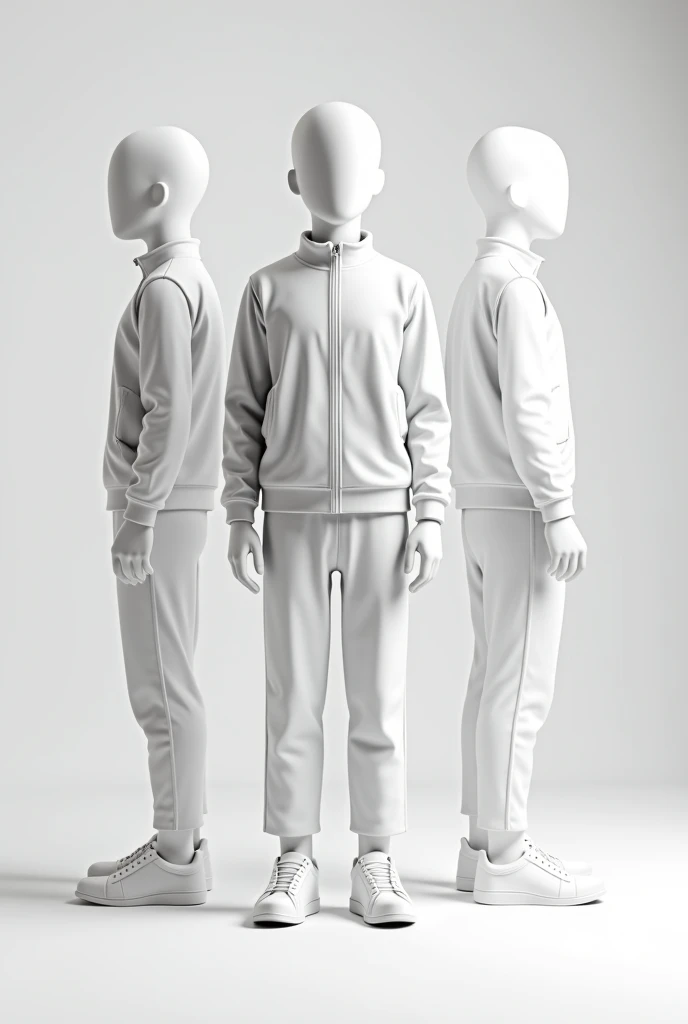 A mockup wearing a trackauit  white,  in three positions in front, side and back