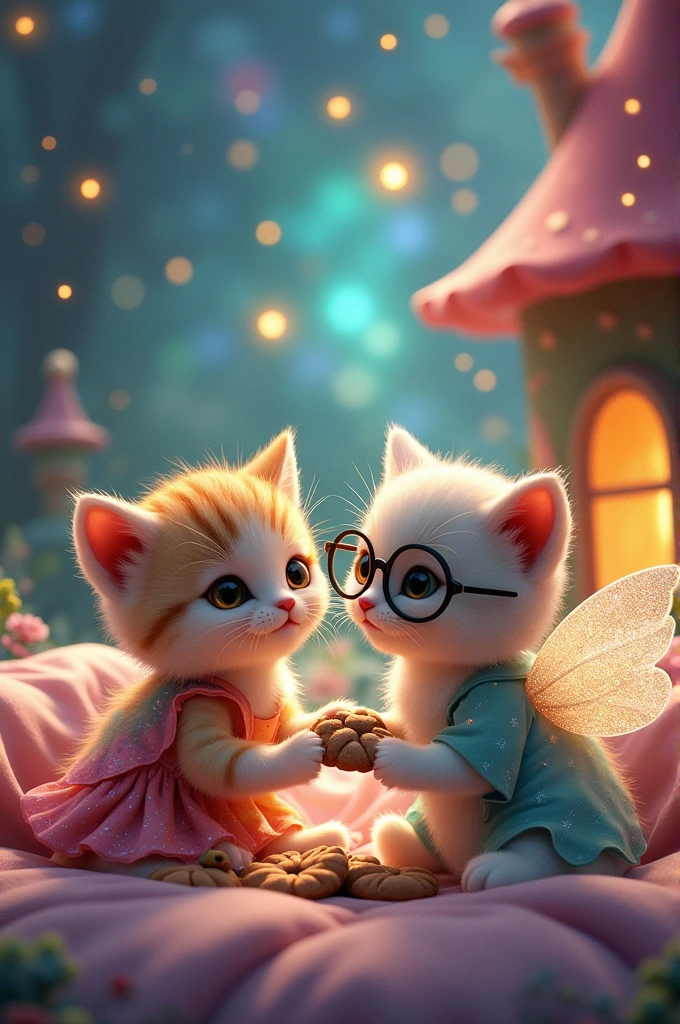 2 kittens in love living in a magical fairy house, the sky is all starry and colorful, e The cat ( female) is wearing a rainbow colored glitter house and a white dress, while the cat ( mascle ) wears round black glasses and has a white wing with glitter, The cat ( female ) is making cookies for the cat ( mascle ) e o mascle espera em uma cama peluda toda confortável