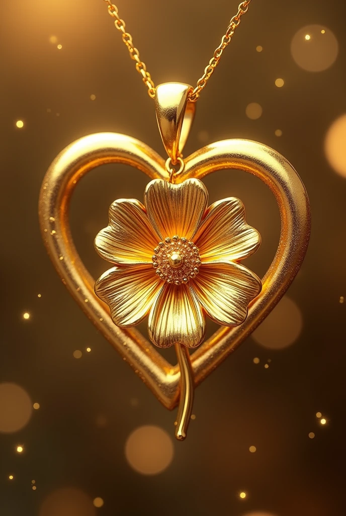 Gold flower pendant and gold heart pendant combined and create one pendant, only flower in heart middle, no spaces in the pendant