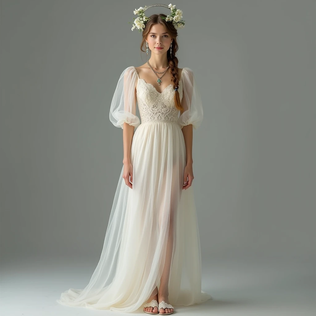 A full-body image of a European woman with an angelic essence, standing poised looking at the camera against a gray background. She wears an ivory organza gown with a soft, flowing skirt and delicate lace detailing on the bodice. The gown’s translucent fabric creates a sense of airiness and sophistication. Her hair is styled in a halo braid adorned with small white flowers, forming a crown-like effect that radiates divine majesty. She wears gossamer slippers with lace embellishments. Her jewelry includes ethereal symbol earrings and a gemstone necklace, adding a mystical and otherworldly allure to her angelic attire.