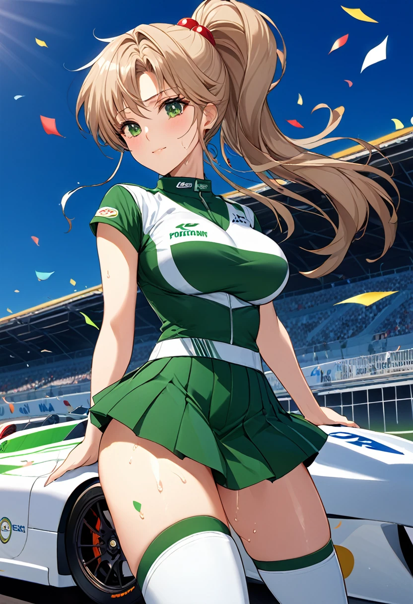 Highest quality, Great quality, 16K, Unbelievably absurd, Very detailed, 2.5D, delicate and dynamic, (Makoto Kino),blue sky, Confetti, Racing Car, flag, Small face, Very delicate facial expressions, Delicate eye depiction, Very fine hair, Upper body close-up, erotic, sexyな女性, Healthy body shape, Race Queen, Height: 175cm, Big companies go bankrupt, Light brown long hair,ponytail、 sexyな長い脚, Glowing Skin, , 派手なRace Queenのコスチューム,Green tops, Green tight skirt, White Leather Long Boots, Formula 1, Auto Racing Track,1990s \(style\),、(Big Breasts)、expensive、Sweating all over the body、vapor、(Normal position)、綺麗なBig Breasts、Muscular、sexy、A face writhing in pleasure、The whole body is covered in sex fluids、Sweaty,((Perverted scenes of men and women having sex)),Cinema Lighting, (完璧なGlowing Skin:0.6),Always high quality CG Unity 8K wallpaper